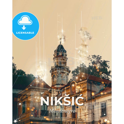 NikÅ¡iÄ‡ Cityscape Panorama Sparkle Poster - A building with a tower - Square format print template