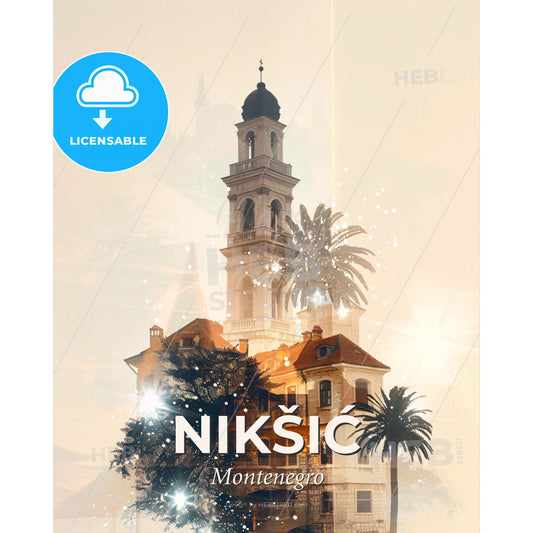 Nikšić, Montenegro: Double Exposure City Skyline - A building with a tower and palm trees - Square format print template