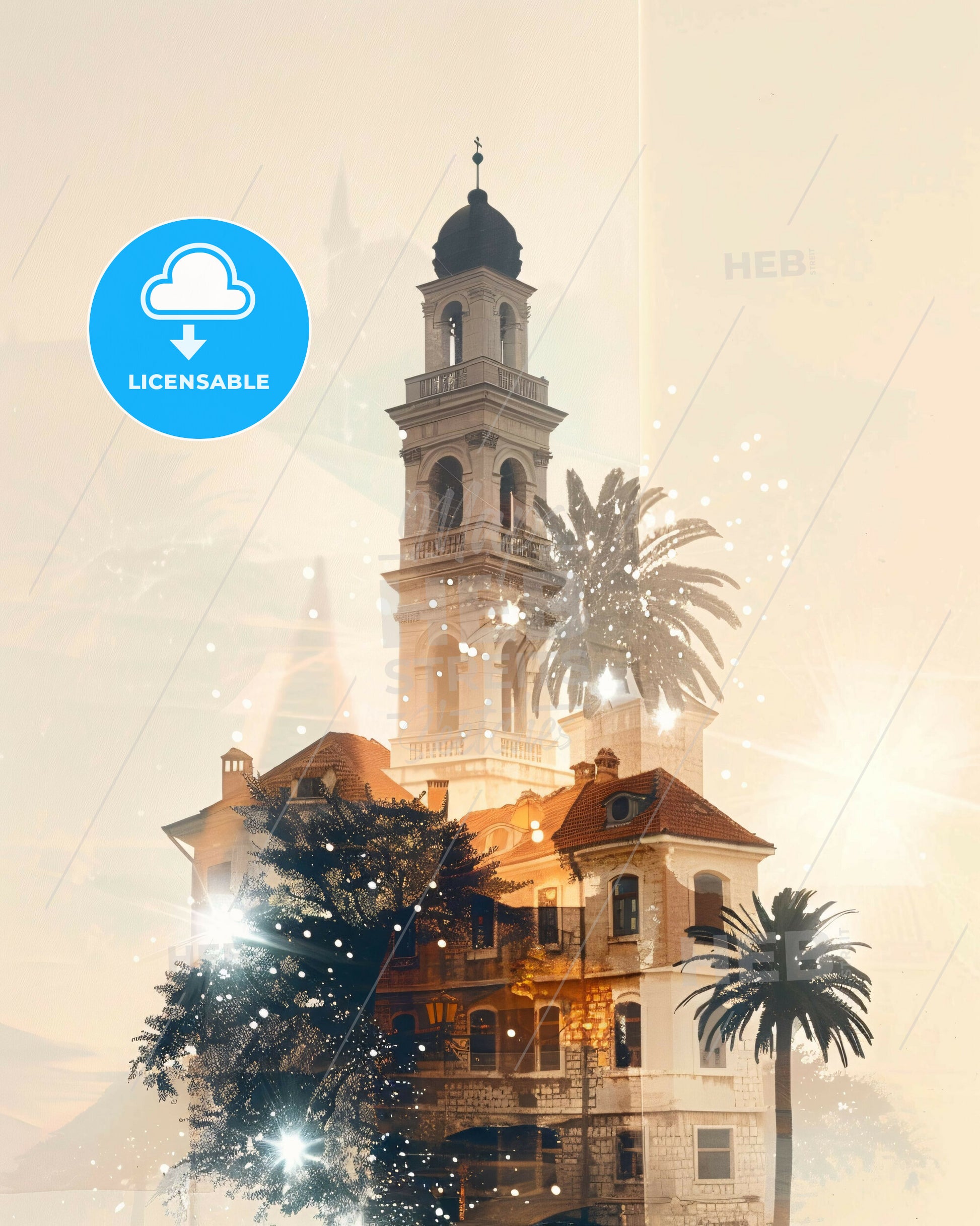 Nikšić, Montenegro: Double Exposure City Skyline - A building with a tower and palm trees