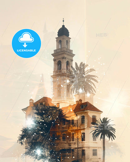 Nikšić, Montenegro: Double Exposure City Skyline - A building with a tower and palm trees
