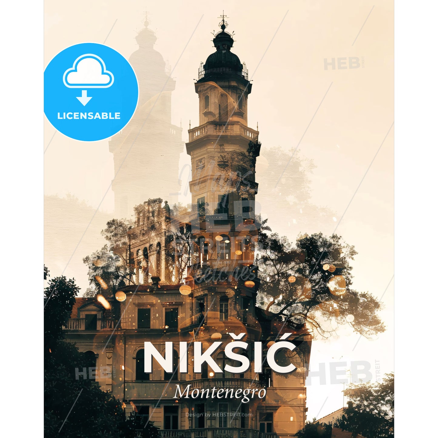 Nikšić, Montenegro: City Icons Skyline Art - A building with a tower and trees - Square format print template