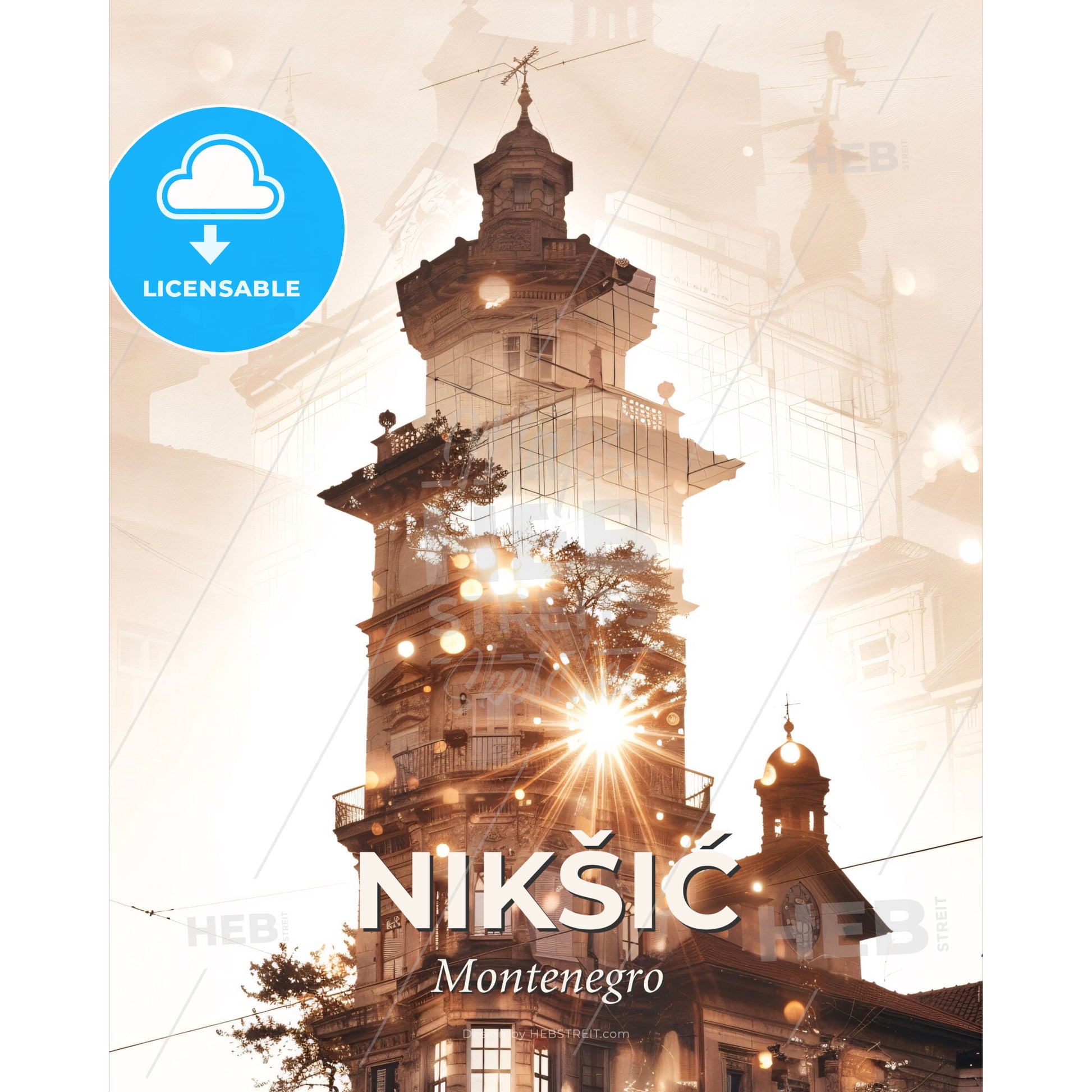 Nikšić Skyline Double Exposure Art - A building with a tree in front of it - Square format print template