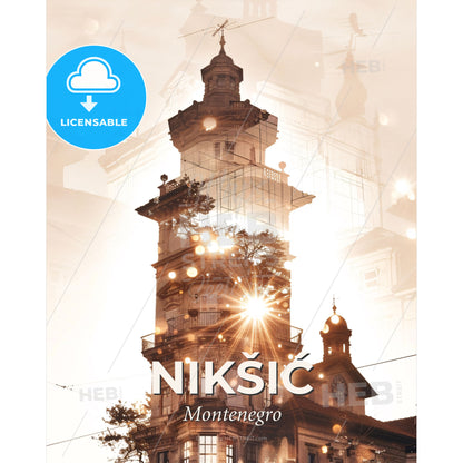 Nikšić Skyline Double Exposure Art - A building with a tree in front of it - Square format print template