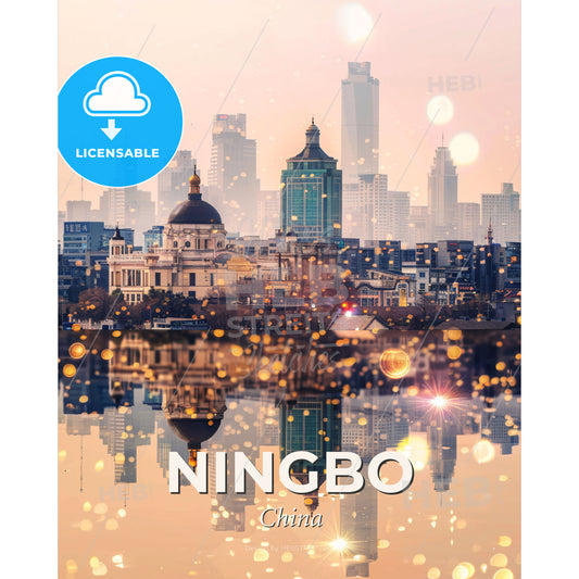 Ningbo Skyline Double Exposure Art Poster - A city skyline with water reflection - Square format print template
