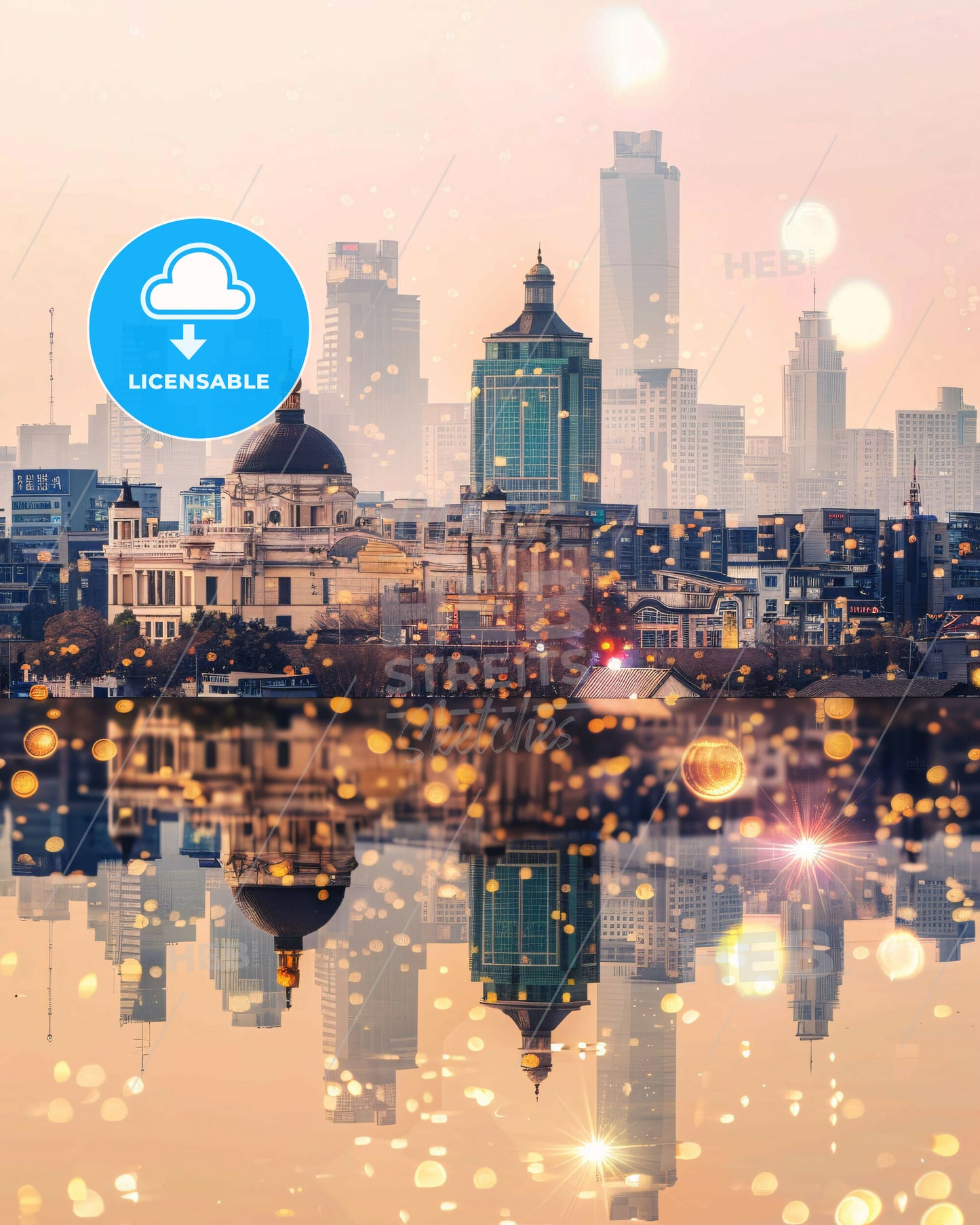 Ningbo Skyline Double Exposure Art Poster - A city skyline with water reflection