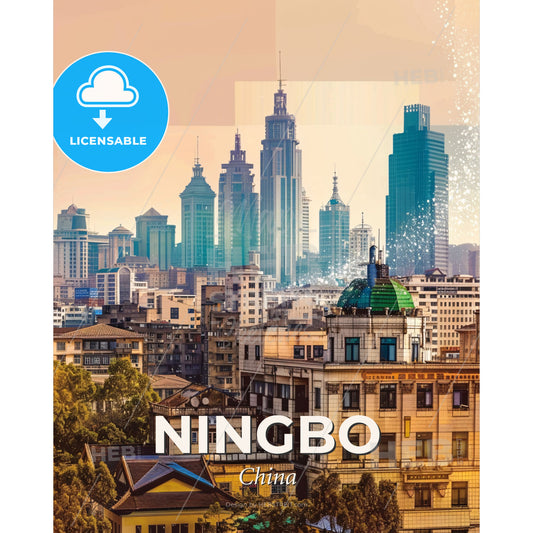 Ningbo Skyline Double Exposure Art Poster - A city with many buildings - Square format print template