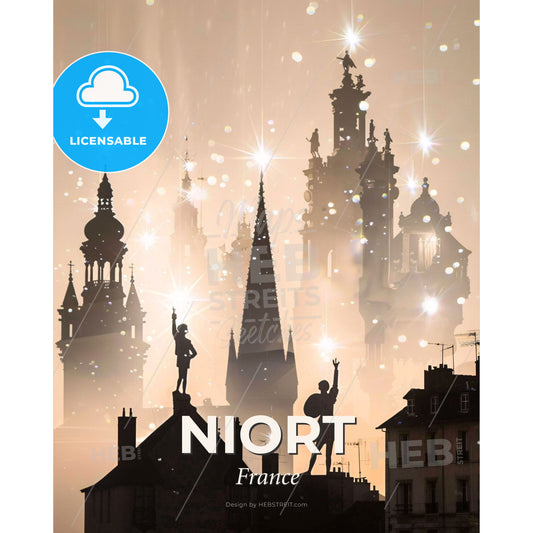 Niort City Skyline Composite Art Bright Poster - A silhouette of a man standing on a roof with buildings and stars - Square format print template
