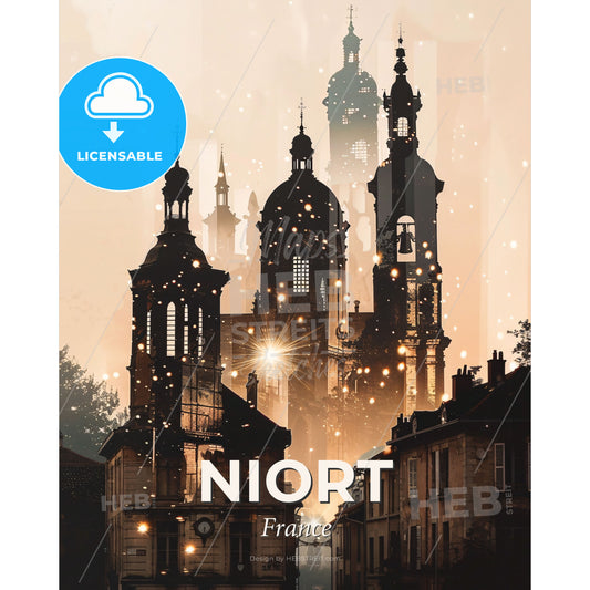 Niort France City Skyline Poster Minimalistic Art - A city with buildings and a street with lights - Square format print template