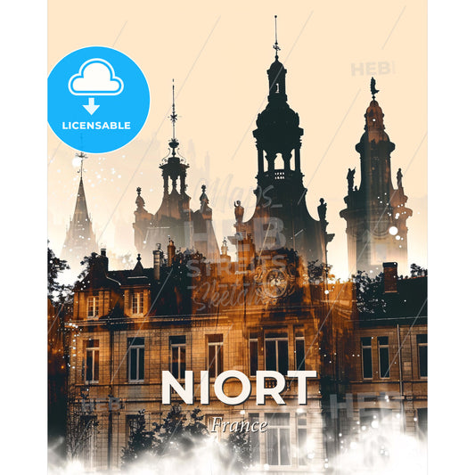 Niort Skyline Composite City Glow Poster Art - A building with towers and spires - Square format print template