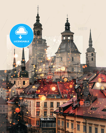 Nitra City Skyline Double Exposure Art Print - A group of buildings with towers