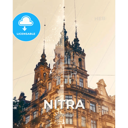 Nitra City Skyline Poster: Local Art, Bright Backdrop - A building with a tower - Square format print template