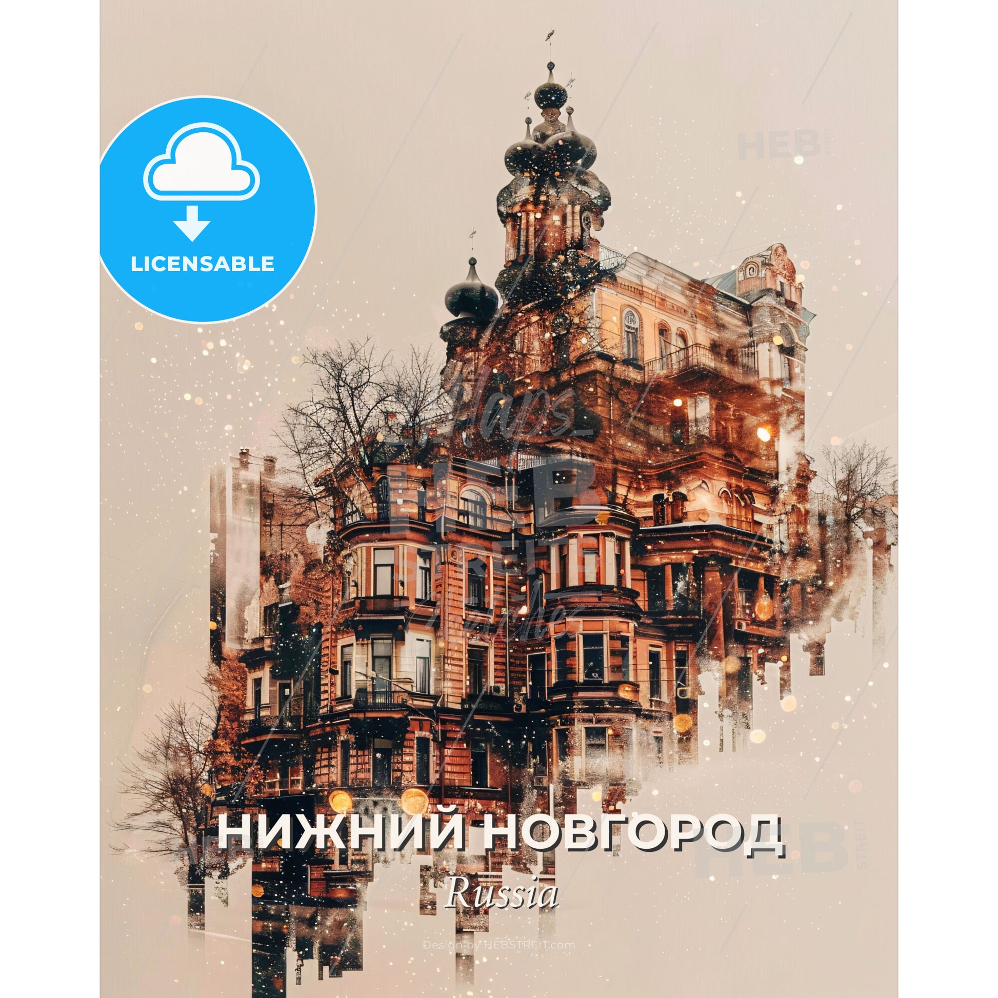 Nizhny Novgorod: Double Exposure Skyline Poster Art - A building with many windows - Square format print template