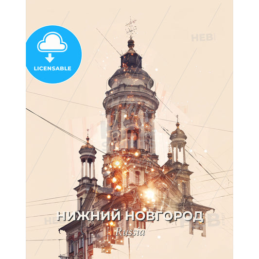 Nizhny Novgorod City Symphony in Lights on Paper - Swayambhunath with a tower and lights - Square format print template