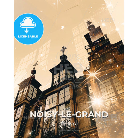 Noisy-le-Grand Nightlights Cityscape Minimalist Print - A building with windows and a tower - Square format print template
