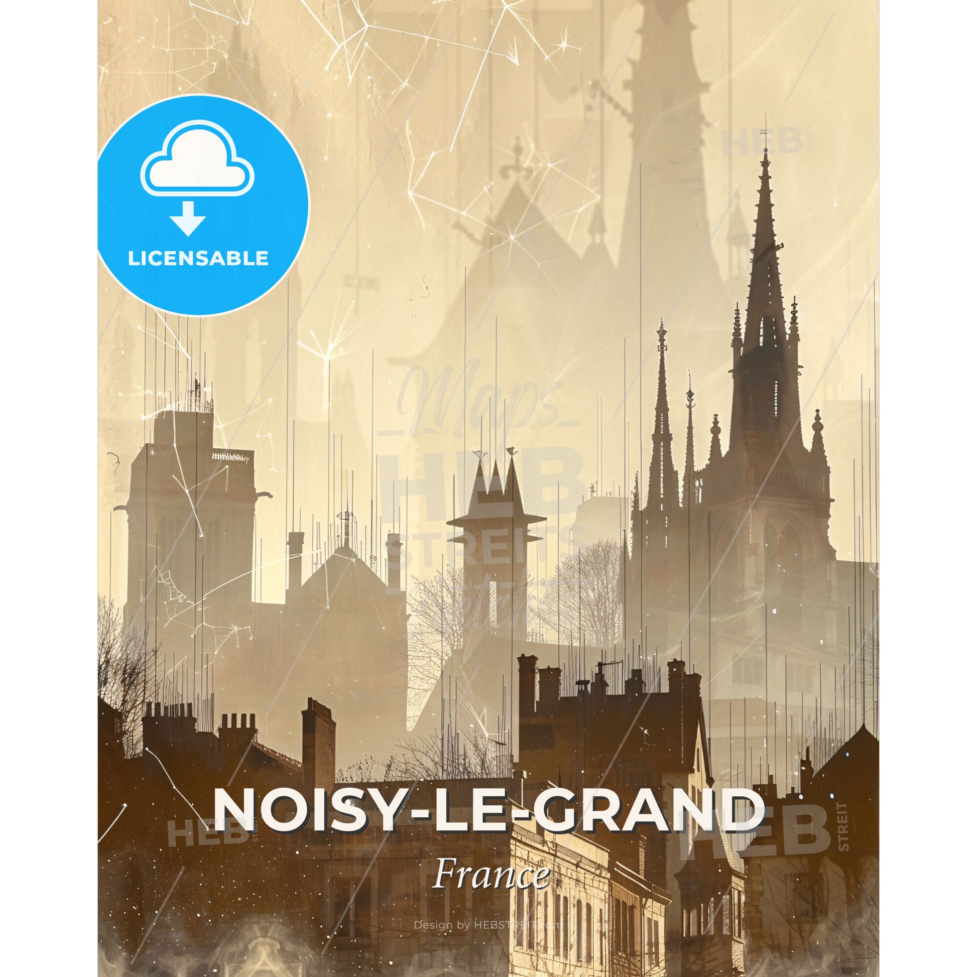 Noisy-le-Grand Skyline Dreamy City Poster - A city skyline with many spires - Square format print template