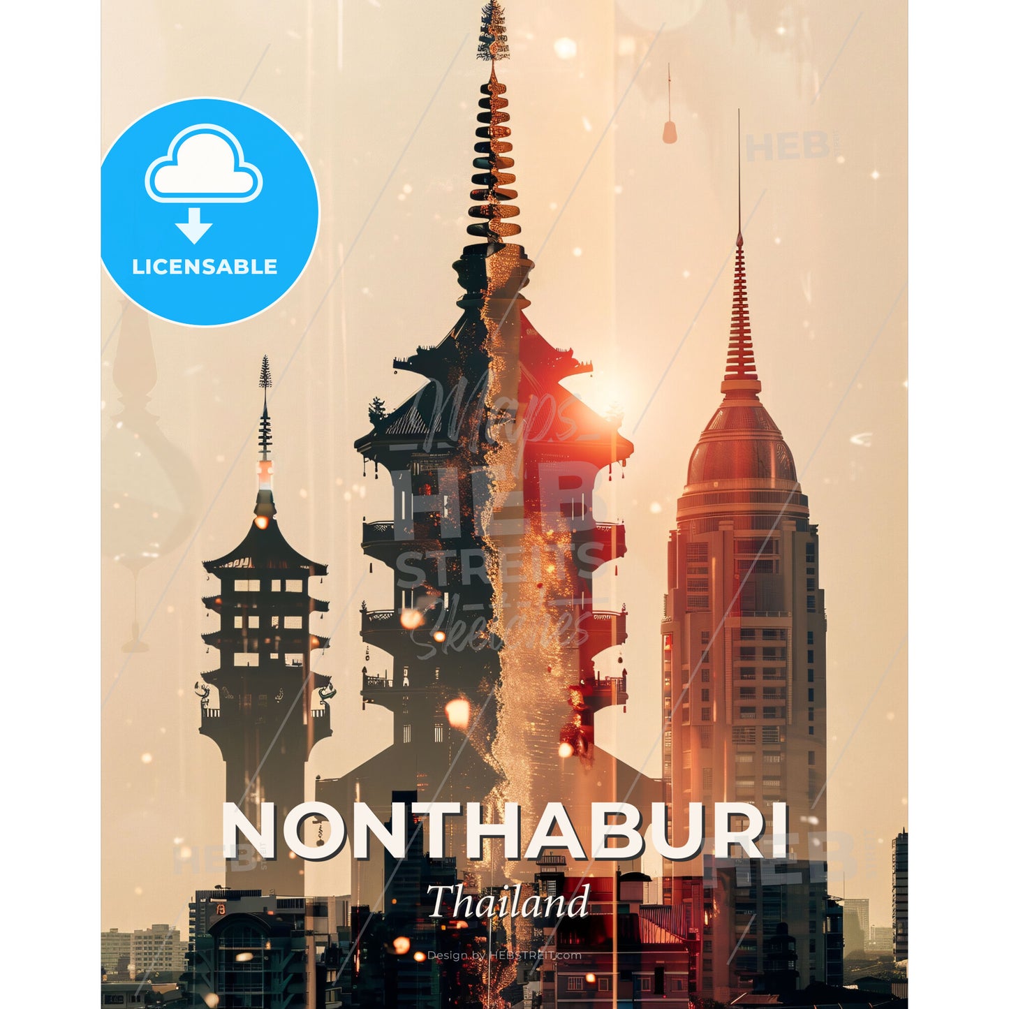 Nonthaburi Thailand Skyline Nightlights - A large tower with a fireball in the background - Square format print template