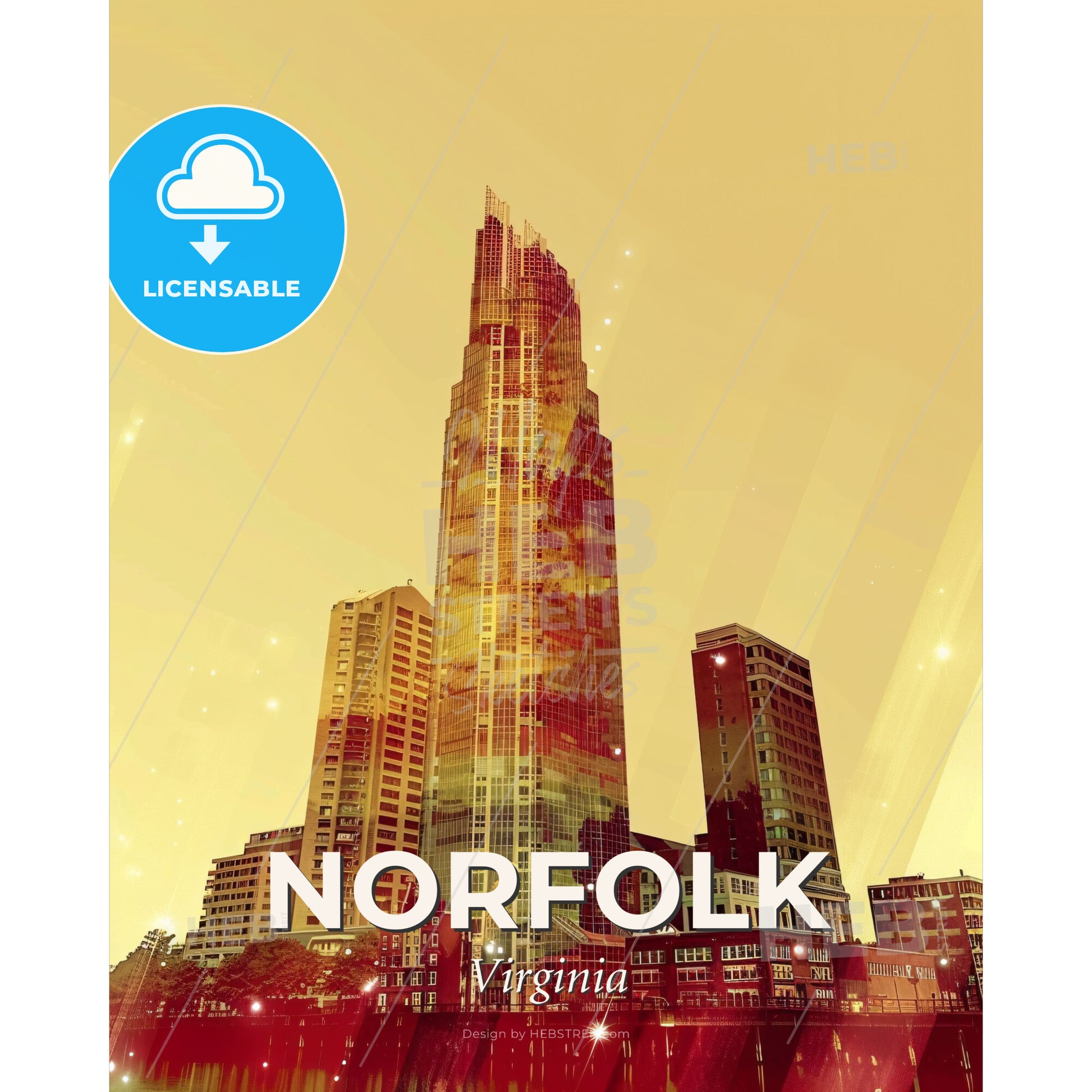 Norfolk Skyline: Pastel Composite Cityscape - A tall building in a city - Square format print template