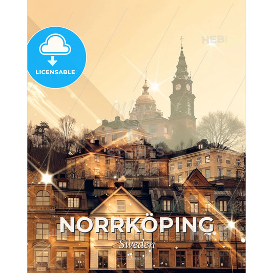 NorrkÃ¶ping Skyline Composite Art Poster - A group of buildings with a clock tower - Square format print template