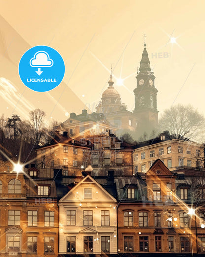 NorrkÃ¶ping Skyline Composite Art Poster - A group of buildings with a clock tower