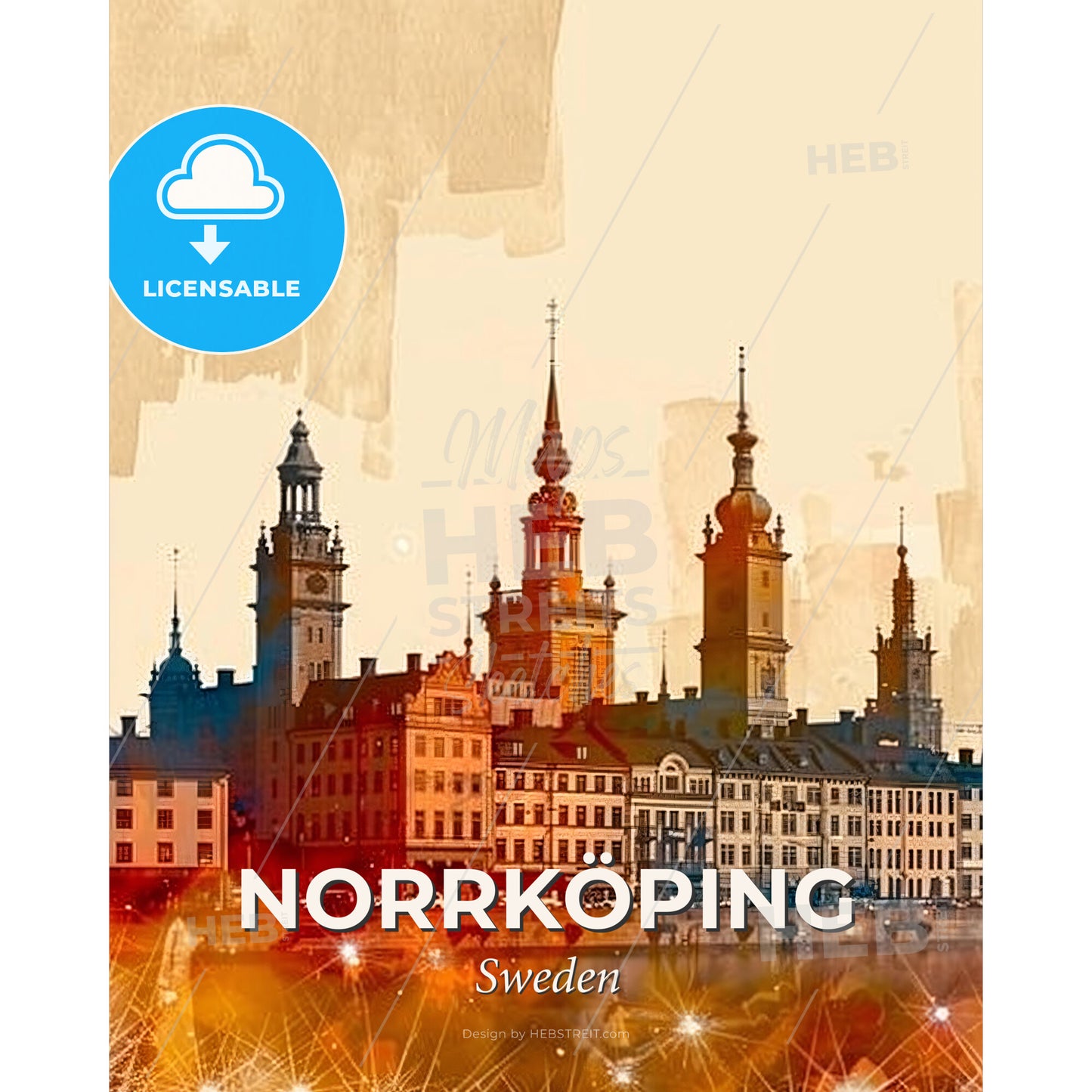 Norrkoping Cityscape Composite Art Bright Paper - A city with many buildings - Square format print template