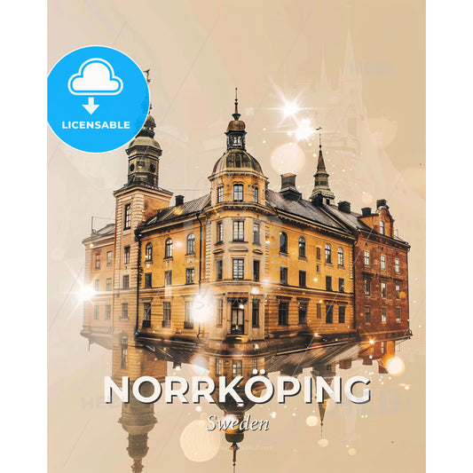 Norrkoping Sweden City Skyline Art Poster Home Decor - A building with a reflection of the water - Square format print template