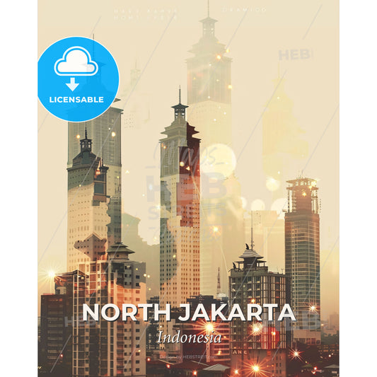 North Jakarta Skyline Double Exposure Composite Art - A city skyline with many tall buildings - Square format print template