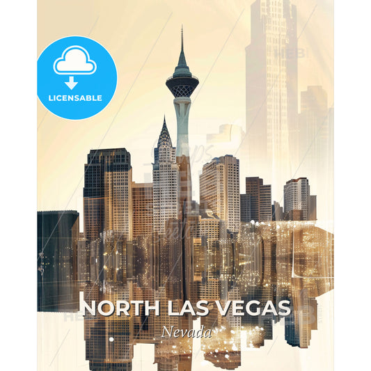 North Las Vegas Skyline Art: Local Colors, Bright Sparkles - A city skyline with a tower - Square format print template