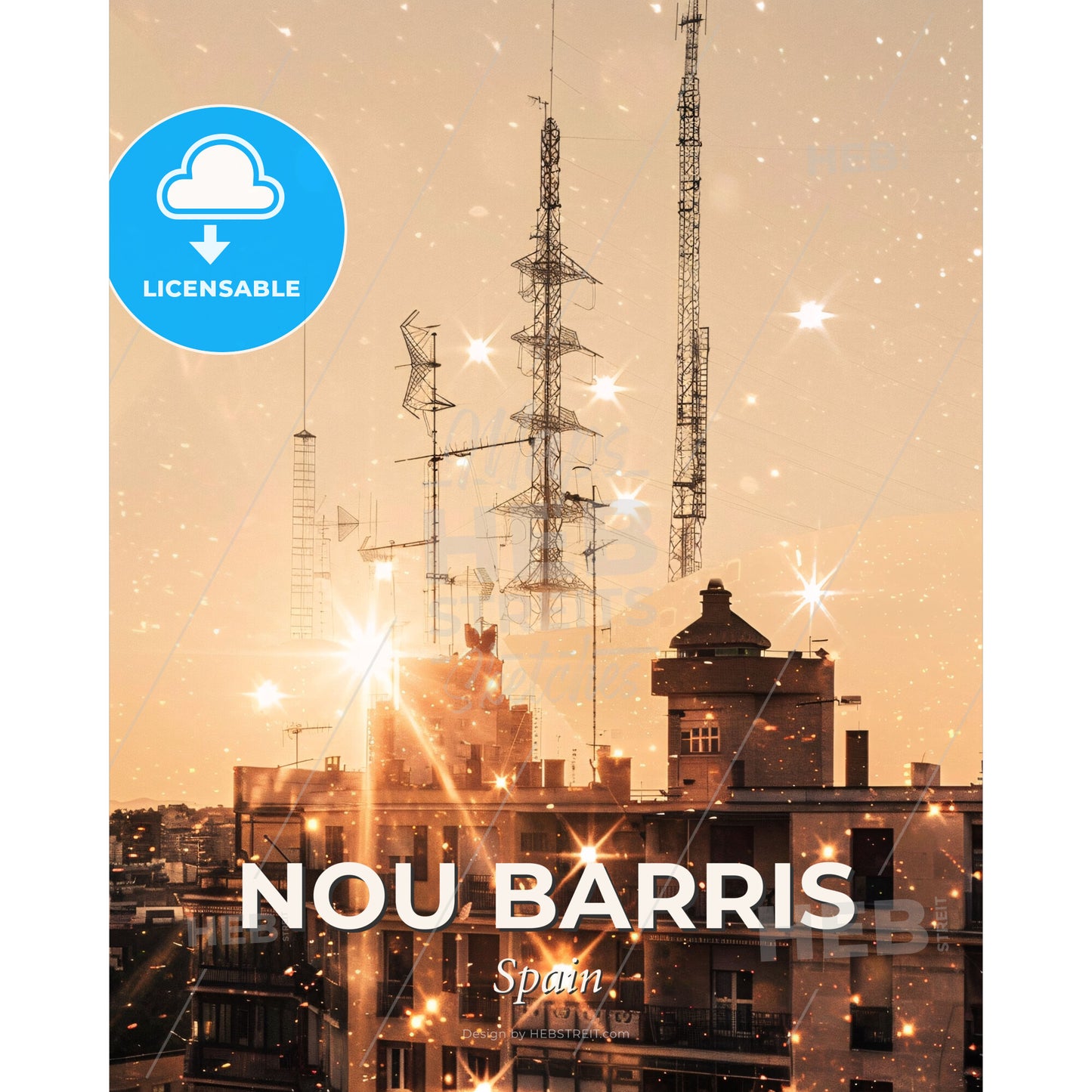 Nou Barris City Symphony in Light and Color - A group of buildings with a tower in the background - Square format print template