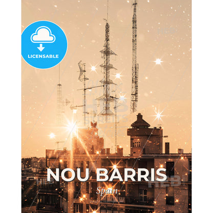 Nou Barris City Symphony in Light and Color - A group of buildings with a tower in the background - Square format print template