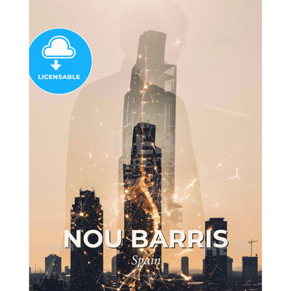 Nou Barris: Skyline Composite Art with City Icons - A double exposure of a man and a city - Square format print template
