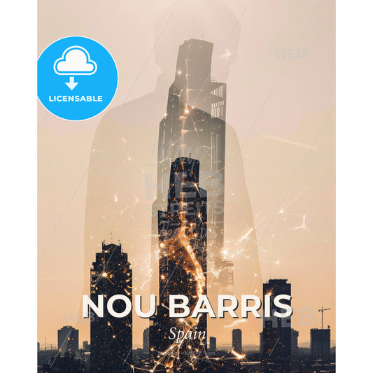 Nou Barris: Skyline Composite Art with City Icons - A double exposure of a man and a city - Square format print template