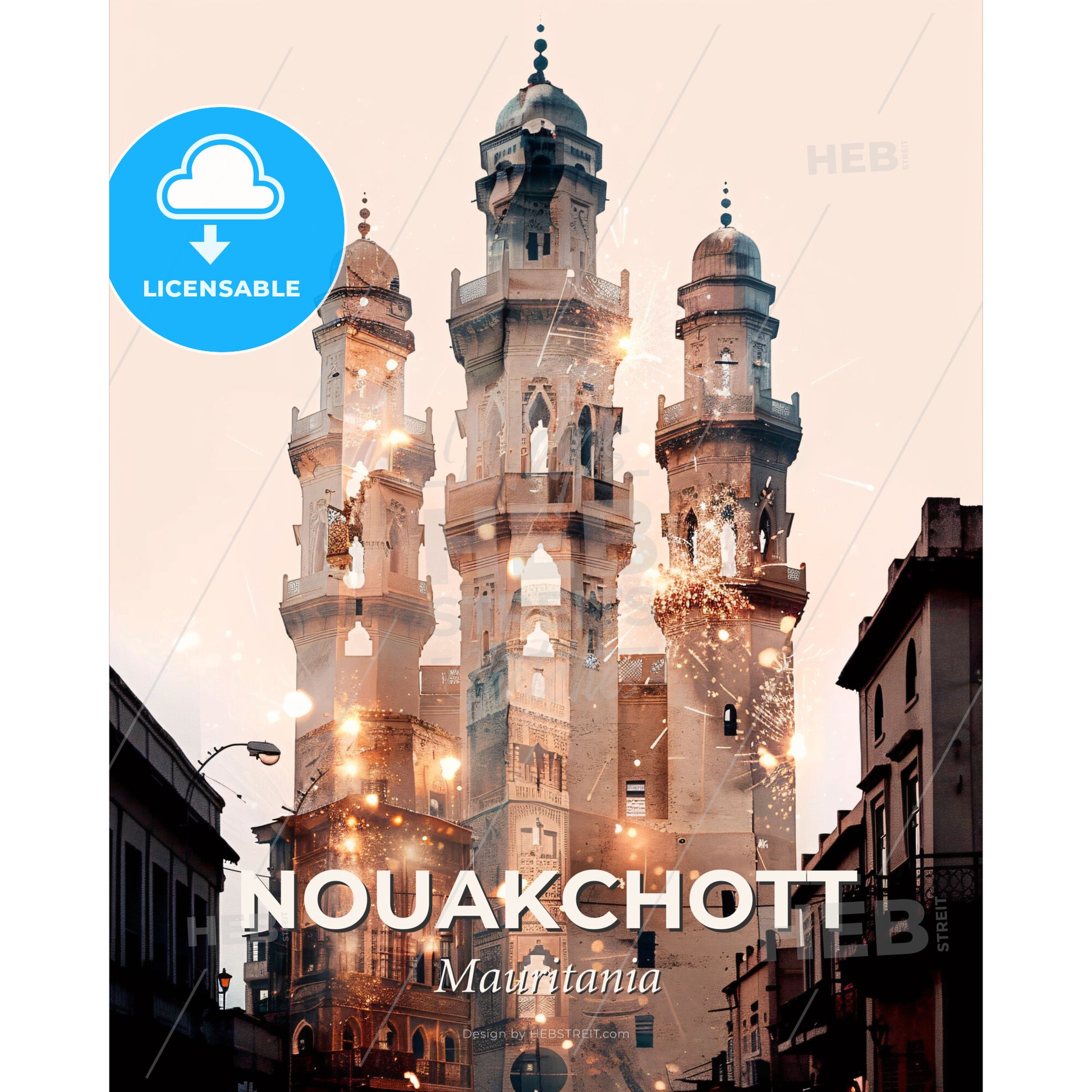 Nouakchott Architecture Skyline Art Poster - A castle with towers and towers and fireworks - Square format print template