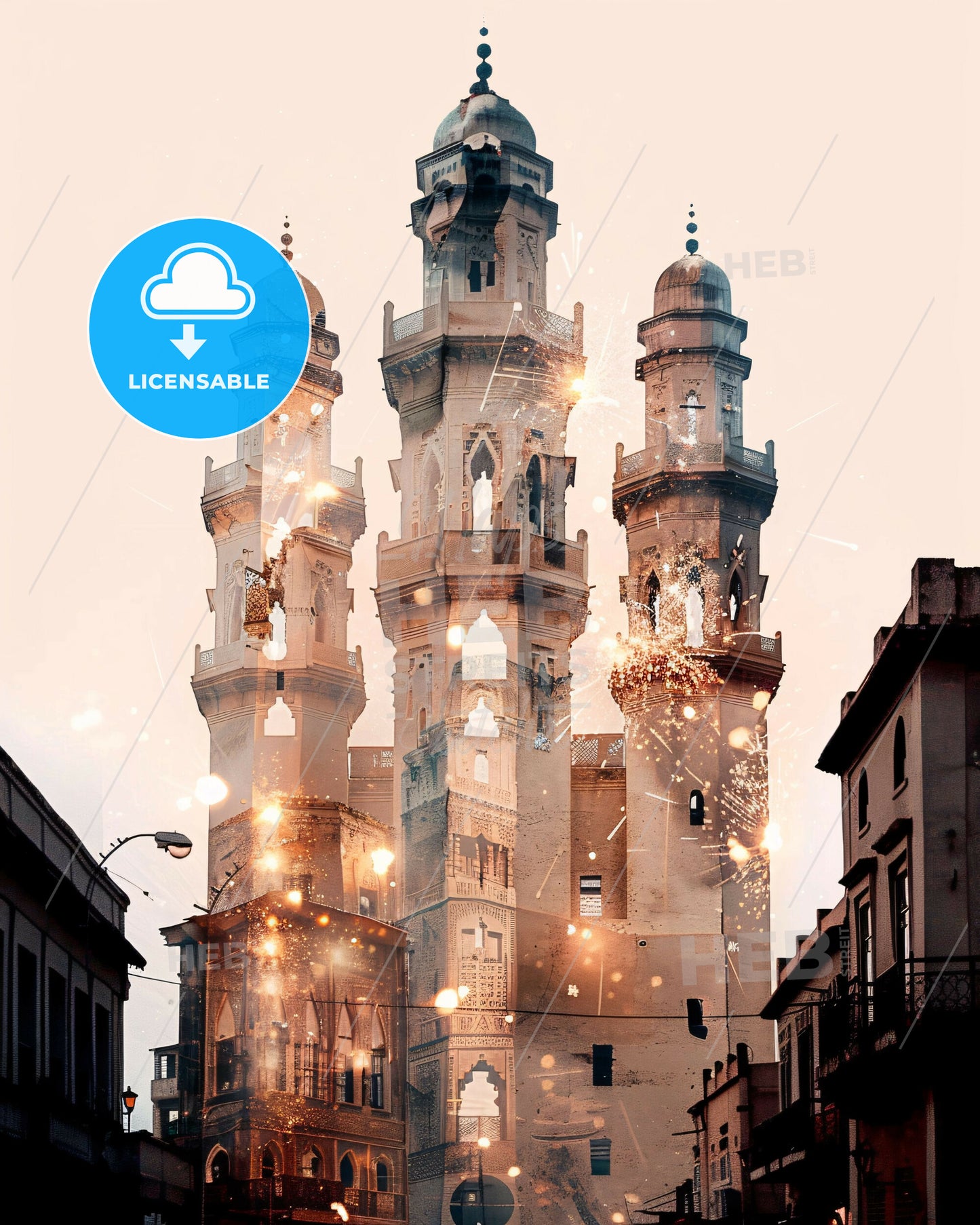 Nouakchott Architecture Skyline Art Poster - A castle with towers and towers and fireworks