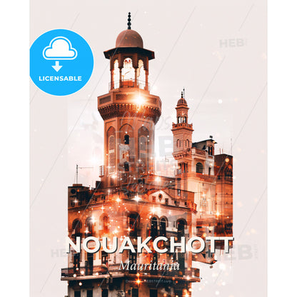 Nouakchott Night Skyline Art Nouveau Poster - A building with a tower - Square format print template