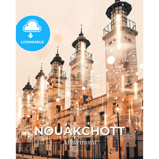 Nouakchott Skyline Composite Art Cityscape Poster - A building with towers and lights - Square format print template