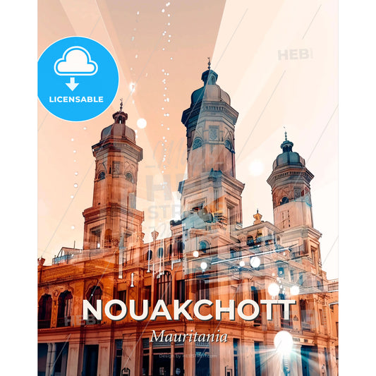 Nouakchott Skyline Composite Art: Iconic Architecture - A building with towers and lights - Square format print template