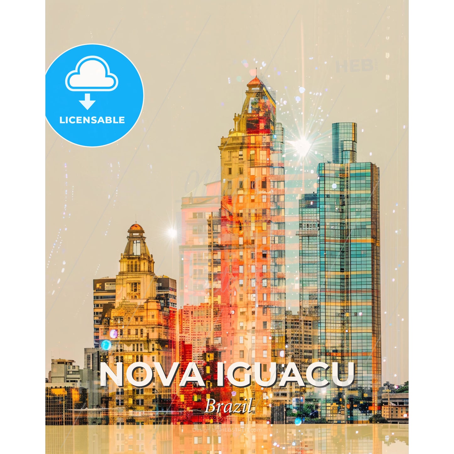 Nova Iguacu Skyline Night City Art Deco Poster - A city skyline with many tall buildings - Square format print template
