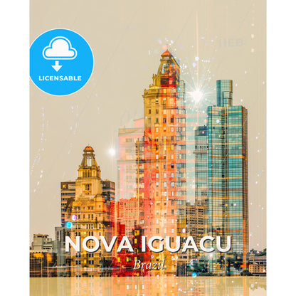 Nova Iguacu Skyline Night City Art Deco Poster - A city skyline with many tall buildings - Square format print template