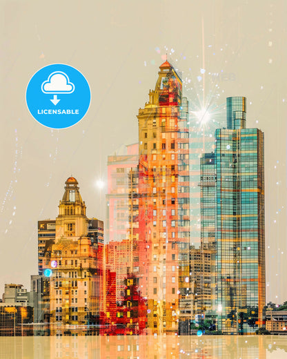 Nova Iguacu Skyline Night City Art Deco Poster - A city skyline with many tall buildings