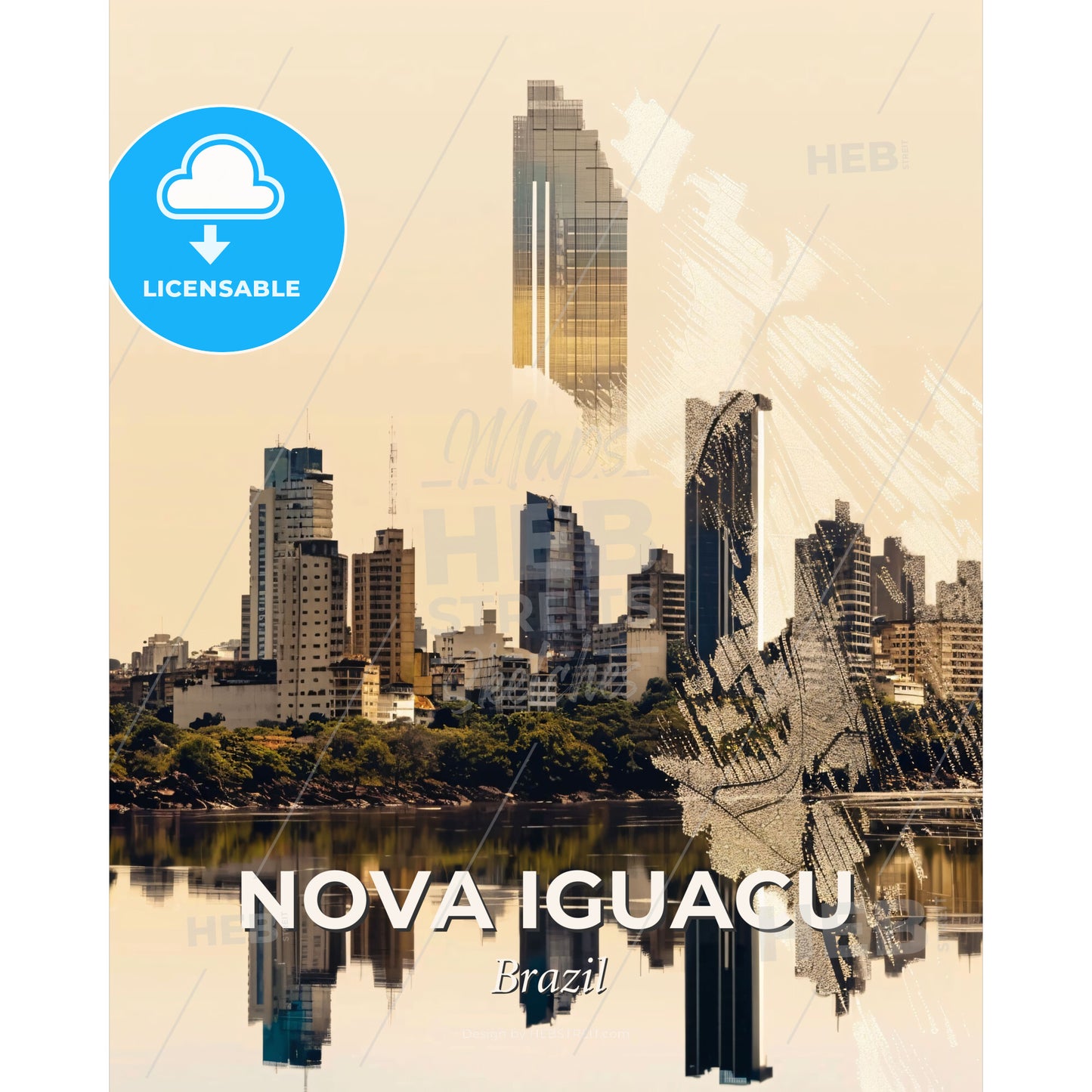 Nova Iguacu: Iconic Skyline with a Sparkly Twist - A city skyline with trees and water - Square format print template