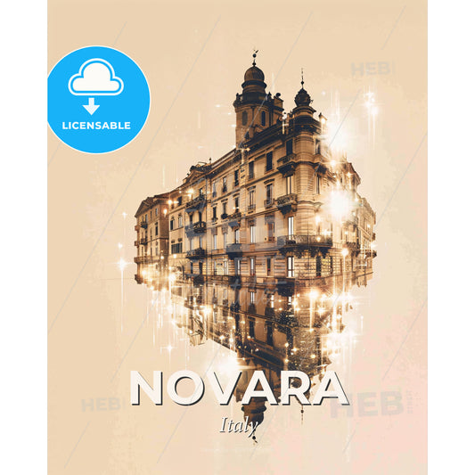 Novara City Skyline Art: Beige Hues, Subtle Lights - A building reflecting in water - Square format print template