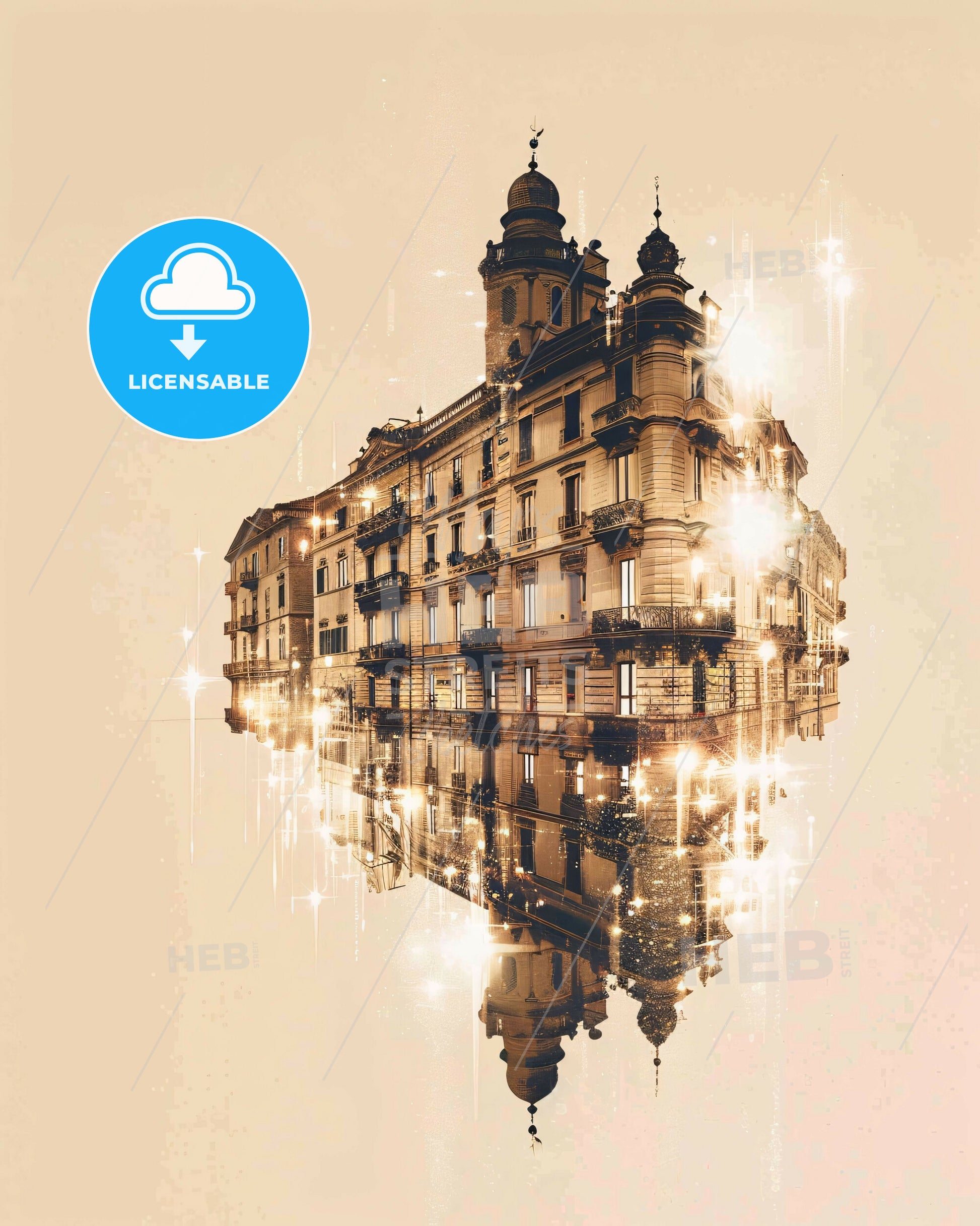 Novara City Skyline Art: Beige Hues, Subtle Lights - A building reflecting in water