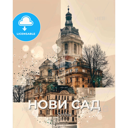 Novi Sad Skyline Double Exposure Poster Art - A building with a tower and trees - Square format print template