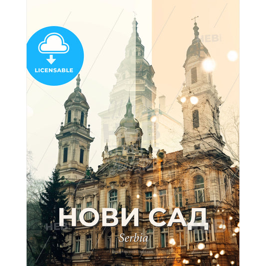 Novi Sad Cityscape Skyline Artwork Bright Beige - A building with towers and trees - Square format print template
