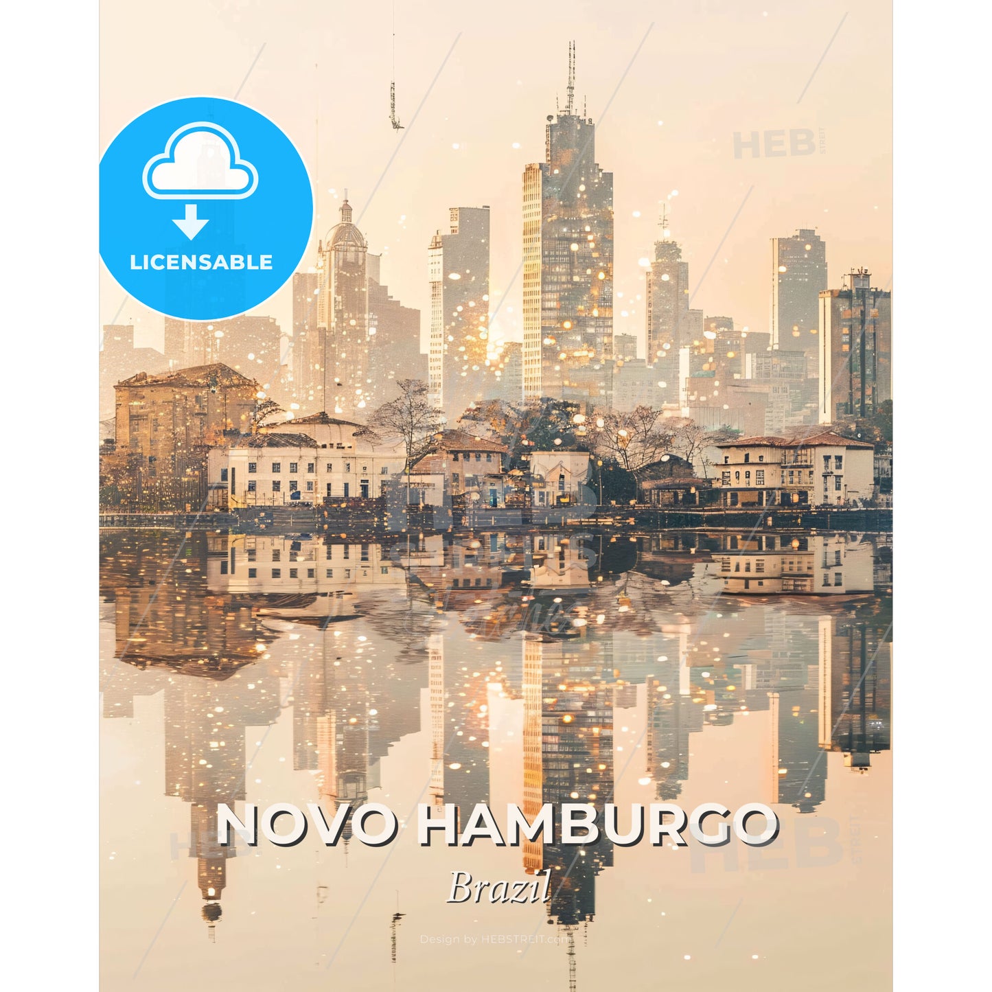 Novo Hamburgo: Icons and Lights on Canvas - A city with buildings reflected in water - Square format print template