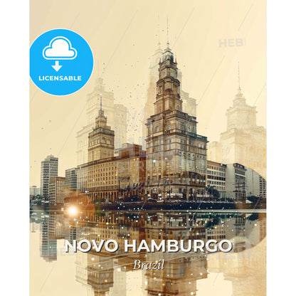 Novo Hamburgo Cityscape Art Deco Poster - A city with many tall buildings and a body of water - Square format print template