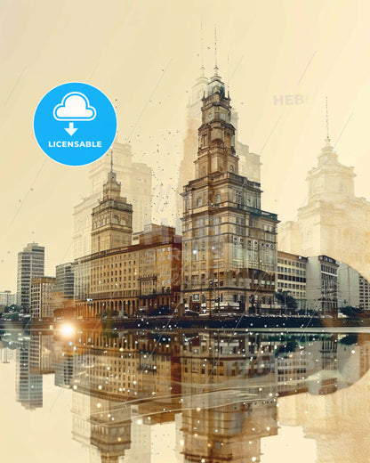 Novo Hamburgo Cityscape Art Deco Poster - A city with many tall buildings and a body of water