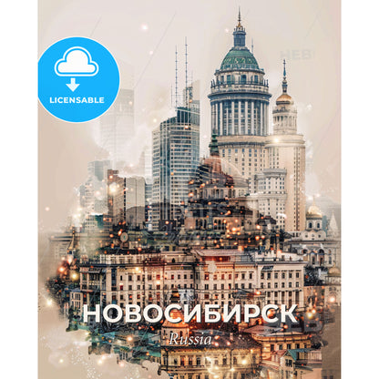 Novosibirsk Cityscape Composite Artwork Poster - A city with many buildings - Square format print template