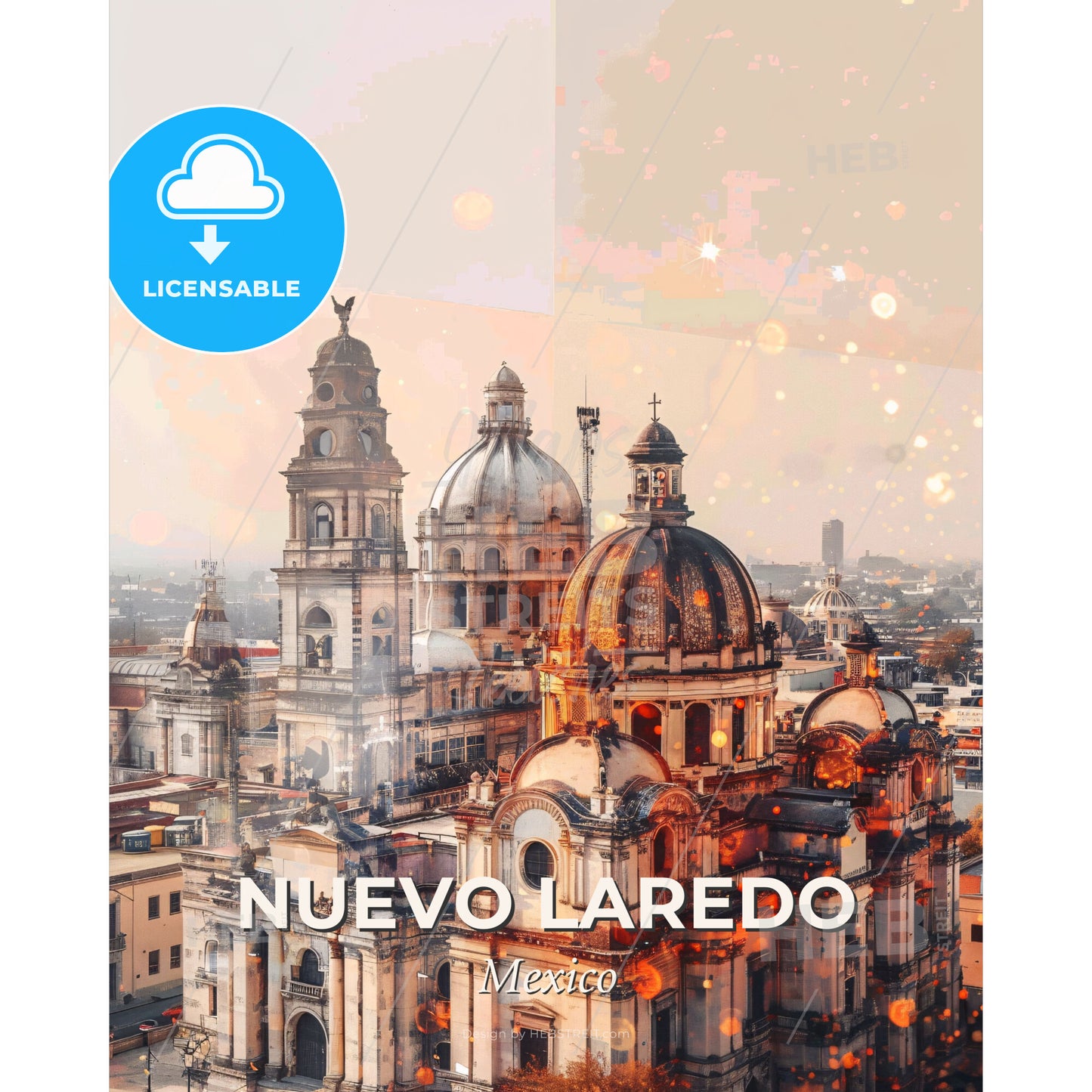 Nuevo Laredo City Lightscape Poster - A large building with domes and a bird's head - Square format print template