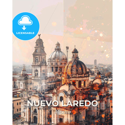 Nuevo Laredo City Lightscape Poster - A large building with domes and a bird's head - Square format print template